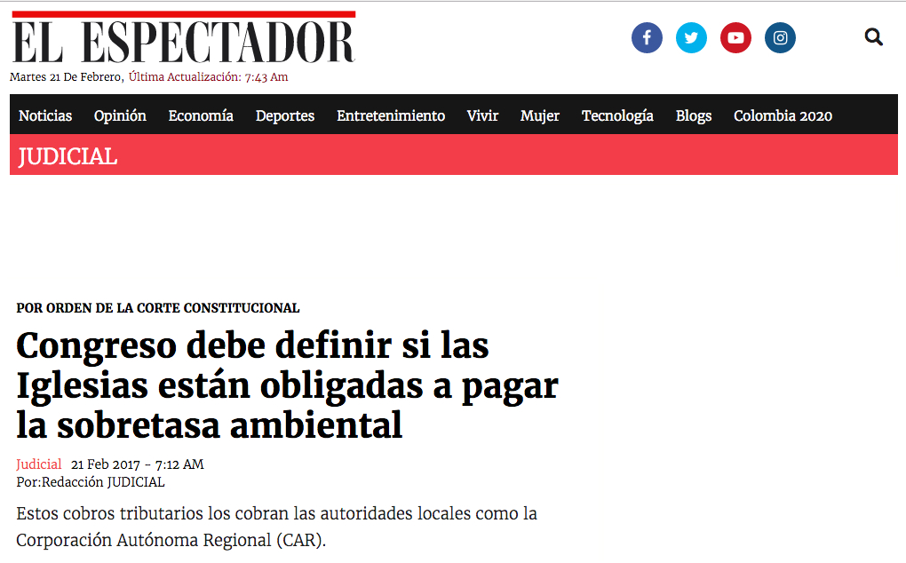 Congreso debe definir si las Iglesias están obligadas a pagar la sobretasa ambiental