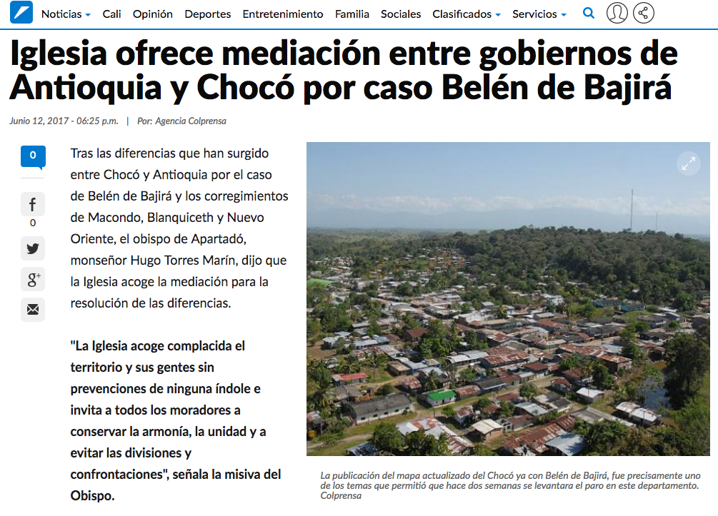 Iglesia ofrece mediación entre gobiernos de Antioquia y Chocó por caso Belén de Bajirá