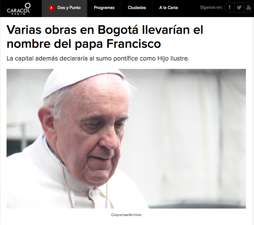Varias obras en Bogotá llevarían el nombre del papa Francisco