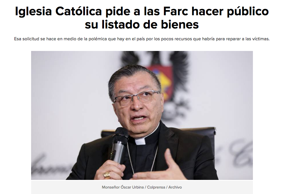Iglesia Católica pide a las Farc hacer público su listado de bienes