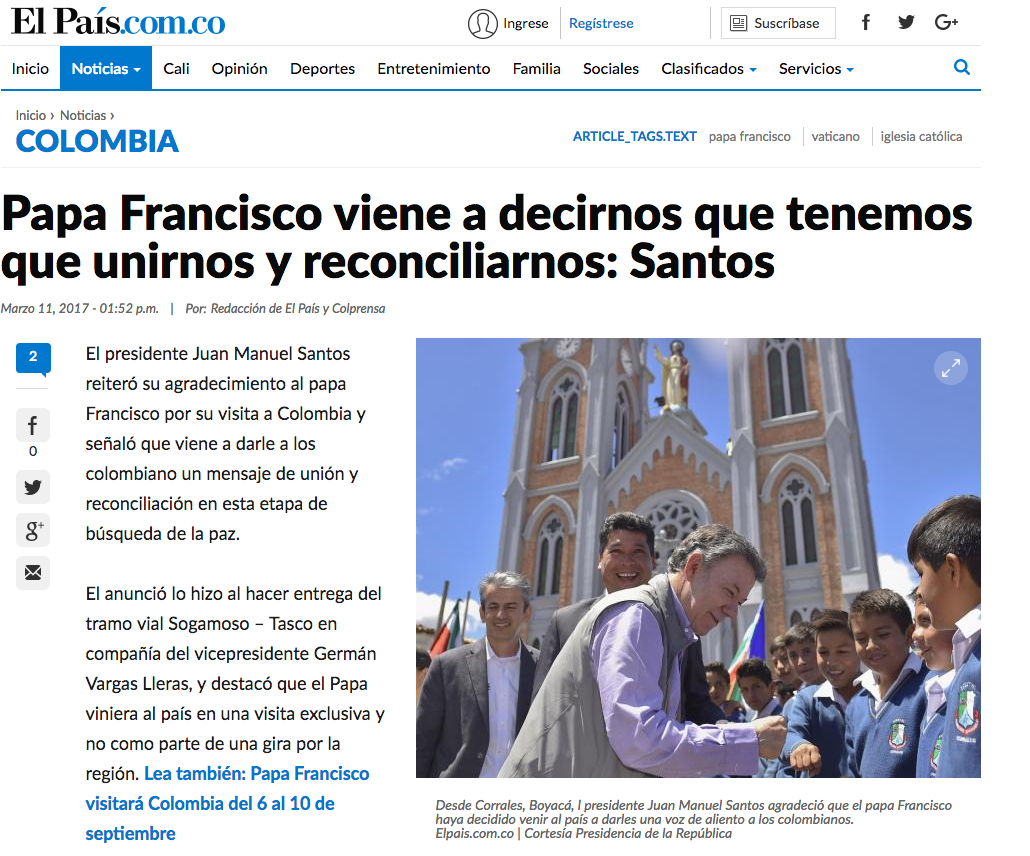 Papa Francisco viene a decirnos que tenemos que unirnos y reconciliarnos: Santos