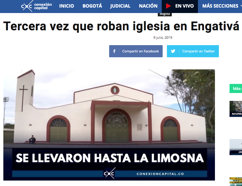 Tercera vez que roban iglesia en Engativá