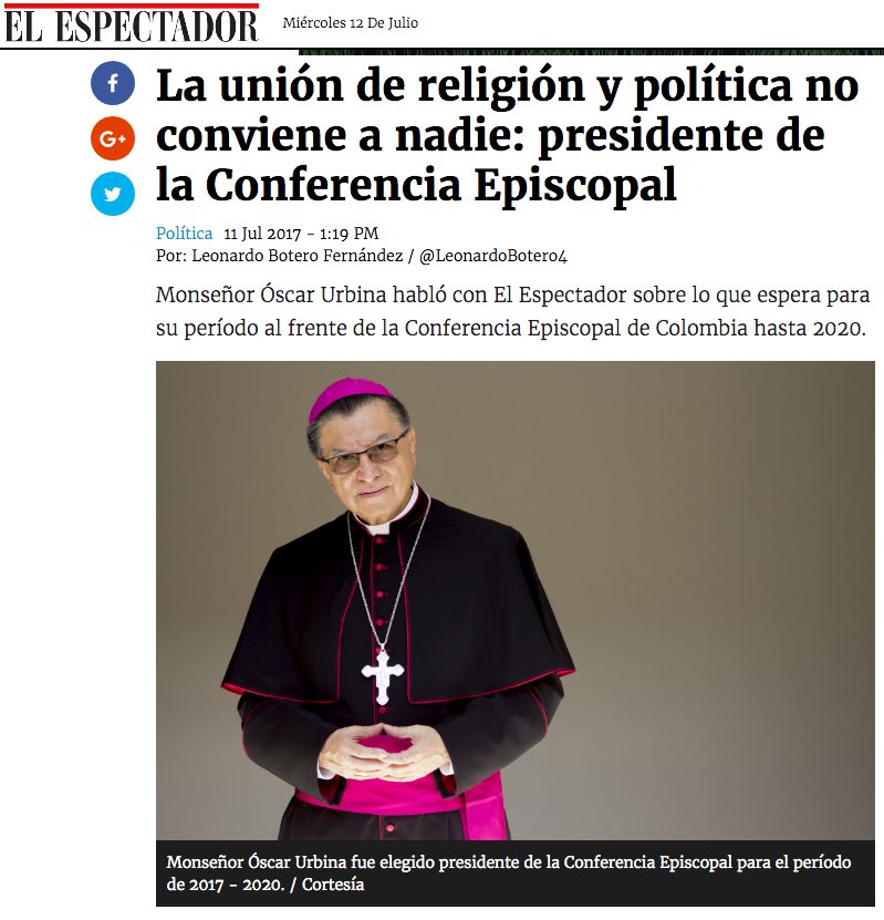 La unión de religión y política no conviene a nadie: presidente de la Conferencia Episcopal
