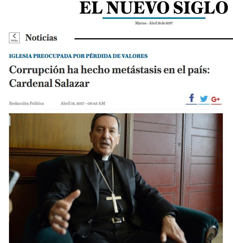 Corrupción ha hecho metástasis en el país: Cardenal Salazar