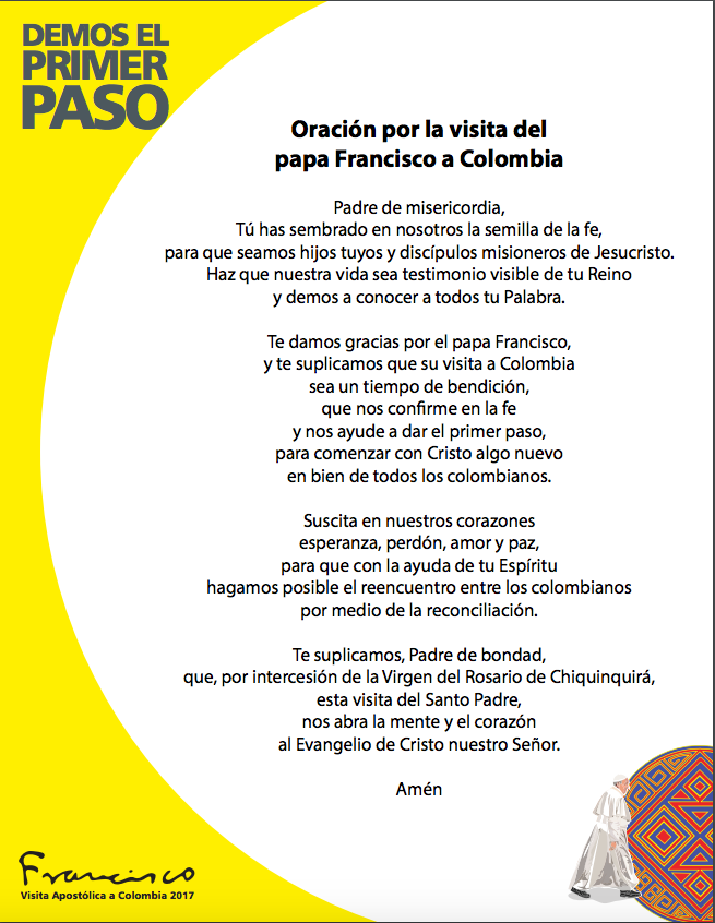 Oración por la visita del papa Francisco a Colombia