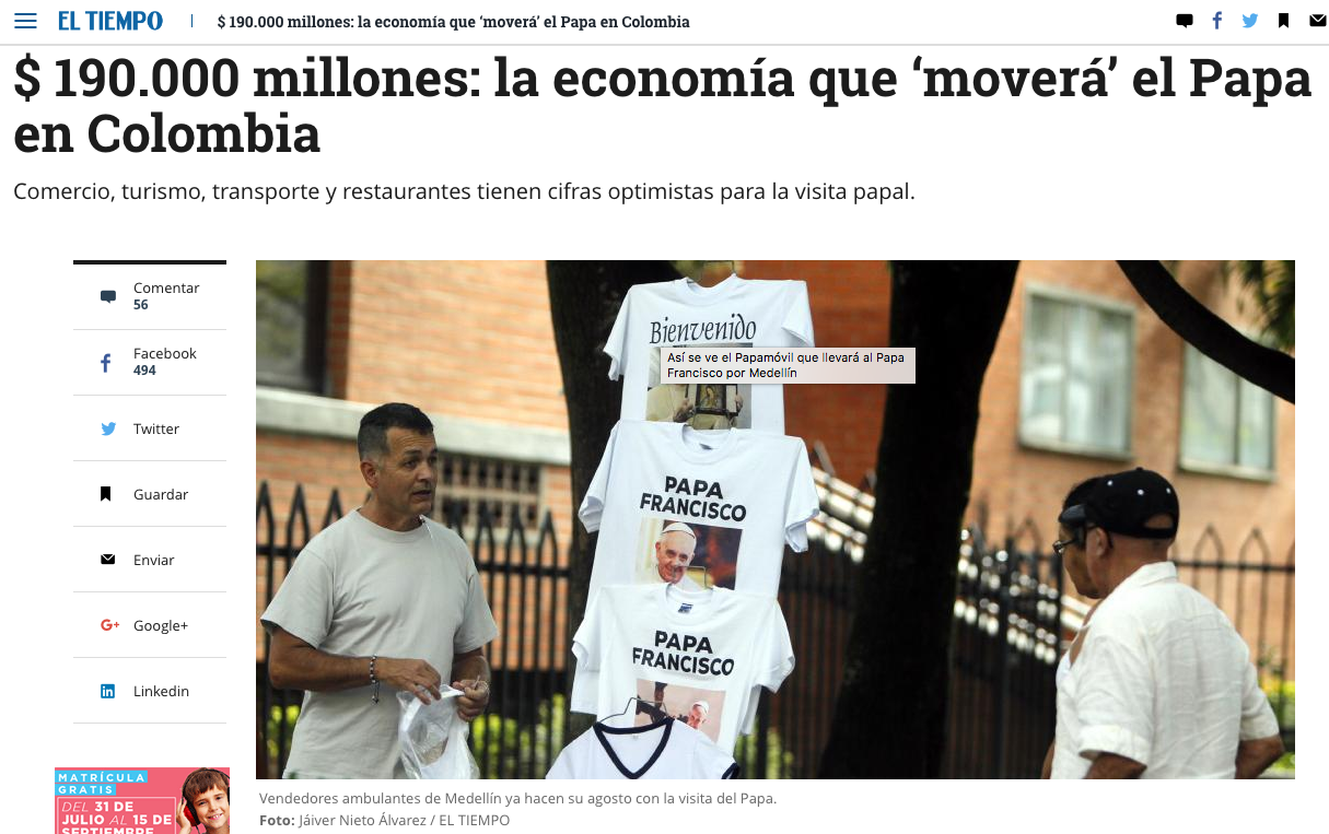 $ 190.000 millones: la economía que ‘moverá’ el Papa en Colombia