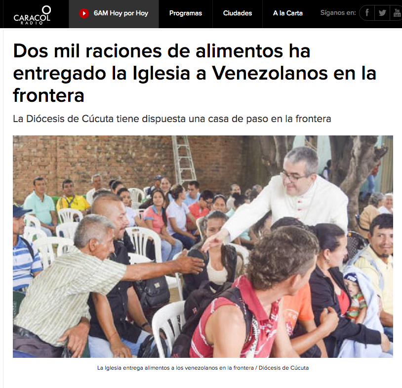 Dos mil raciones de alimentos ha entregado la Iglesia a Venezolanos en la frontera