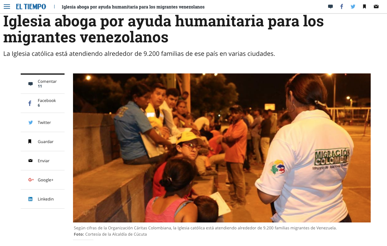 Iglesia aboga por ayuda humanitaria para los migrantes venezolanos