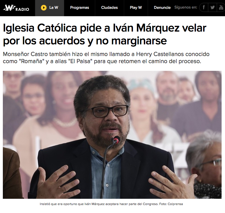 Iglesia Católica pide a Iván Márquez velar por los acuerdos y no marginarse