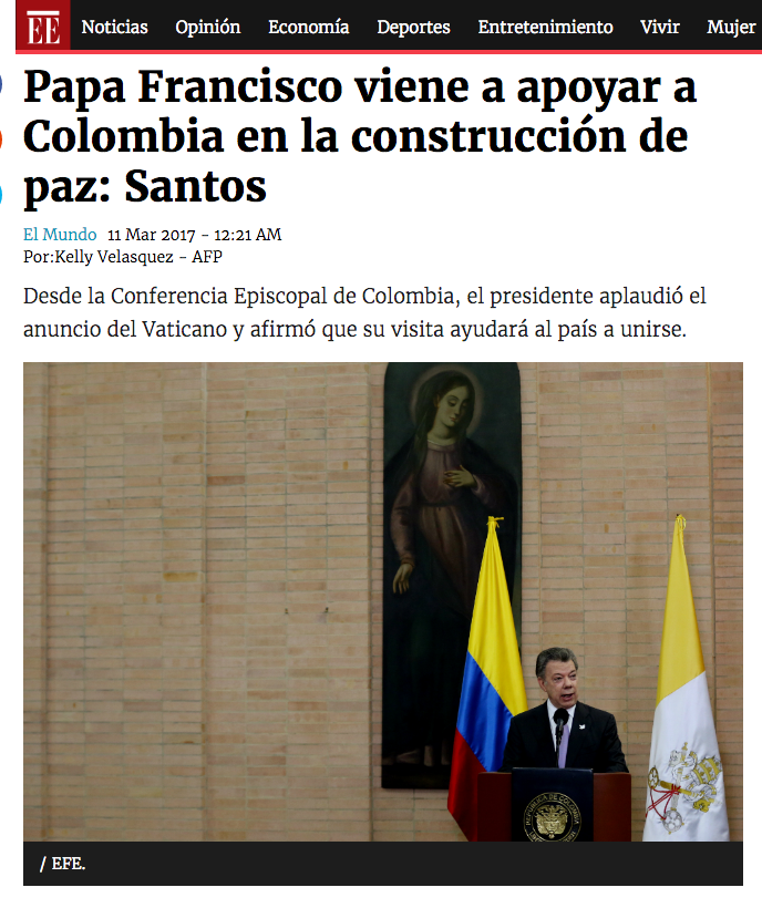 Papa Francisco viene a apoyar a Colombia en la construcción de paz: Santos