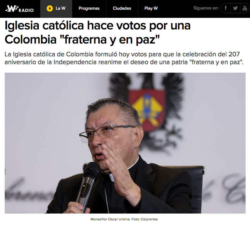 Iglesia católica hace votos por una Colombia "fraterna y en paz"