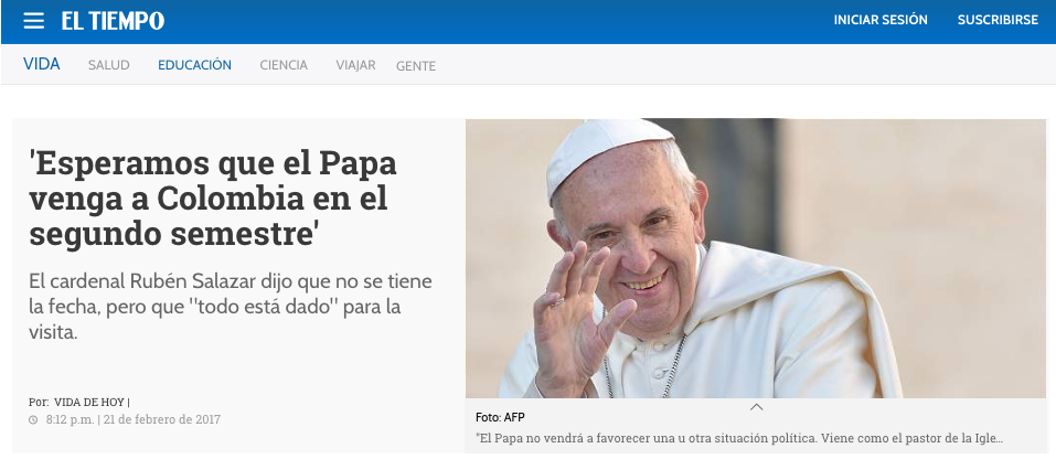 'Esperamos que el Papa venga a Colombia en el segundo semestre'