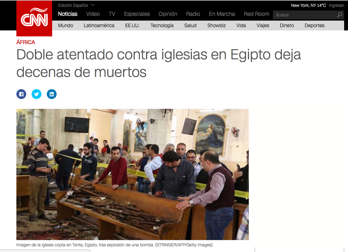 Doble atentado contra iglesias en Egipto deja decenas de muertos