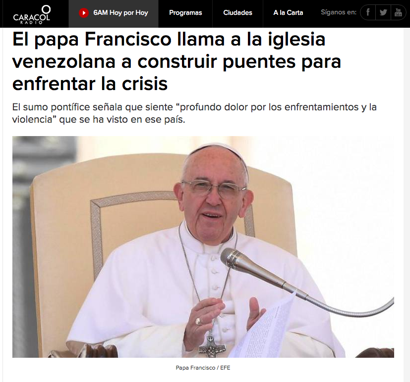 El papa Francisco llama a la iglesia venezolana a construir puentes para enfrentar la crisis