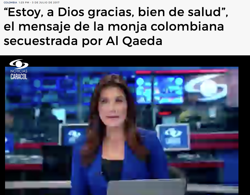 “Estoy, a Dios gracias, bien de salud”, el mensaje de la monja colombiana secuestrada por Al Qaeda