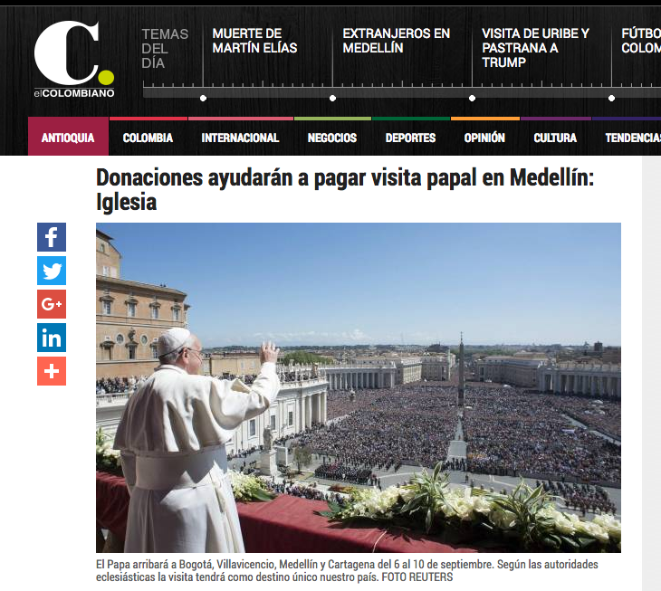 Donaciones ayudarán a pagar visita papal en Medellín: Iglesia