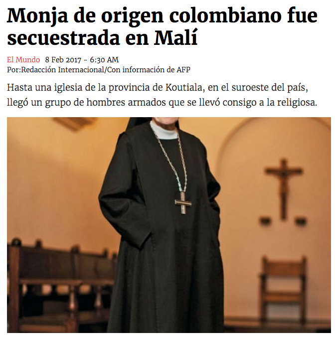 Monja de origen colombiano fue secuestrada en Malí