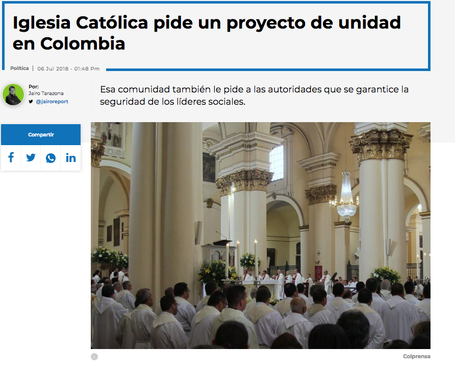 Iglesia Católica pide un proyecto de unidad en Colombia