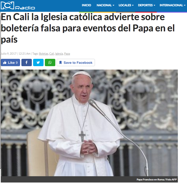 En Cali la Iglesia católica advierte sobre boletería falsa para eventos del Papa en el país