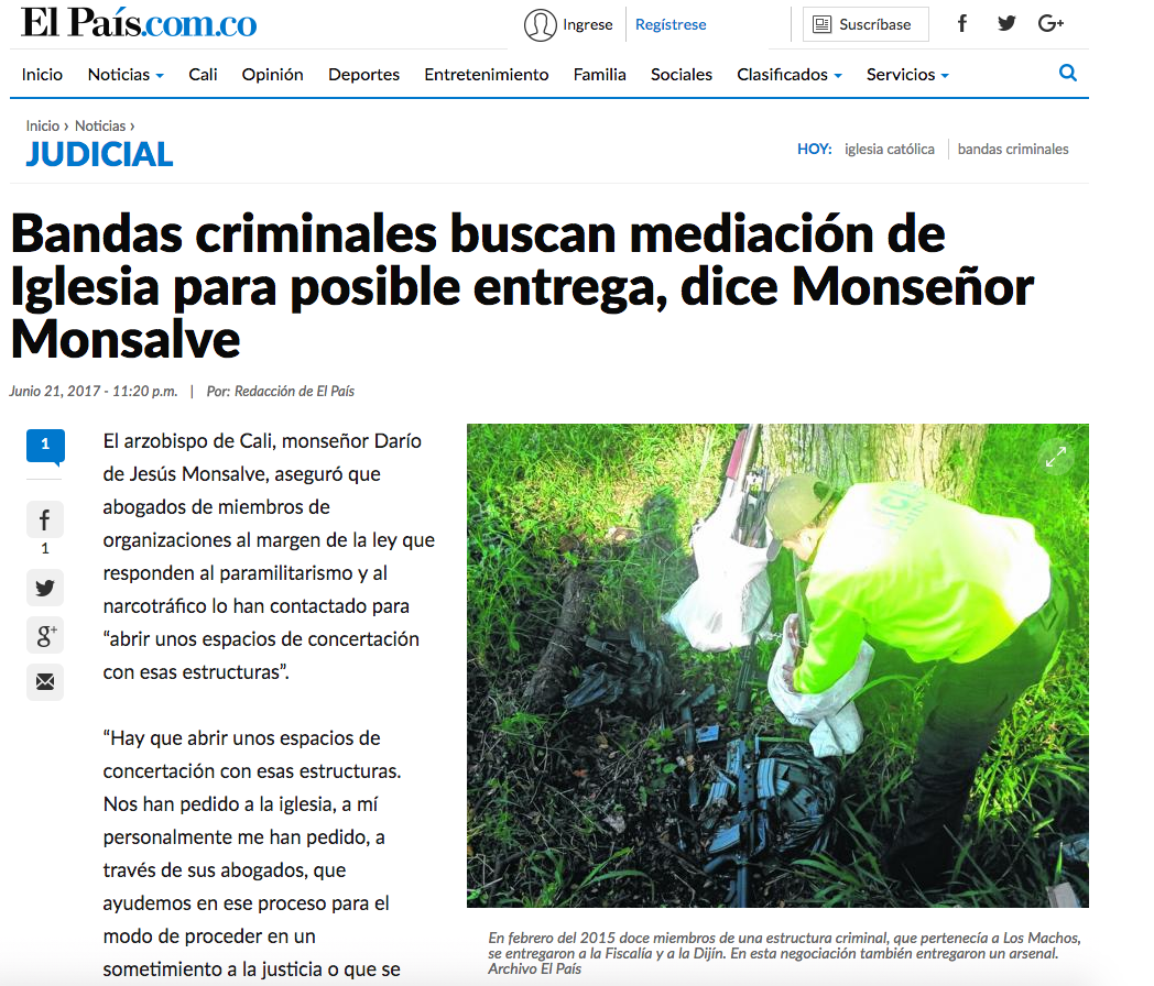 Bandas criminales buscan mediación de Iglesia para posible entrega, dice Monseñor Monsalve