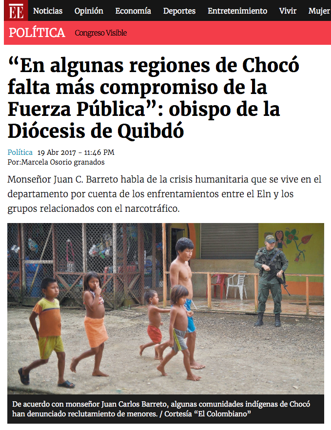 “En algunas regiones de Chocó falta más compromiso de la Fuerza Pública”: obispo de la Diócesis de Quibdó