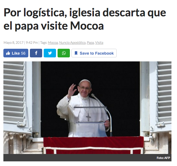 Por logística, iglesia descarta que el papa visite Mocoa
