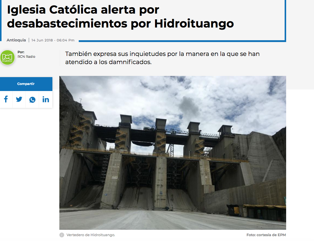 Iglesia Católica alerta por desabastecimientos por Hidroituango