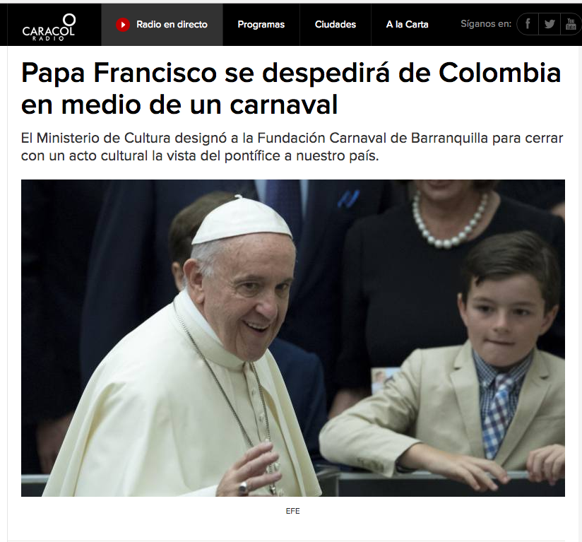 Papa Francisco se despedirá de Colombia en medio de un carnaval
