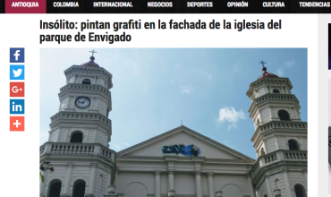 Insólito: pintan grafiti en la fachada de la iglesia del parque de Envigado