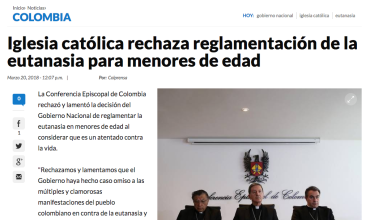 Iglesia católica rechaza reglamentación de la eutanasia para menores de edad