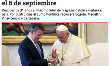 Papa Francisco visitará Colombia el 6 de septiembre